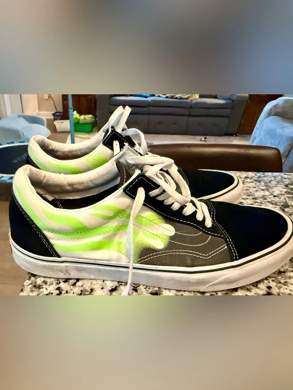 Men’s Low-Top Vans Sneakers in Brown Sole and White Upper with neon green flame